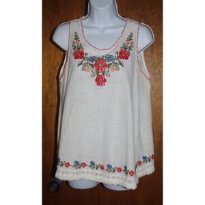 Max Studio Women Ivory Cotton Embroidered Floral Sleeveless Boho Tank Top Large